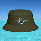 Brown bucket hat with 'Salty Bum' design on a blue water background