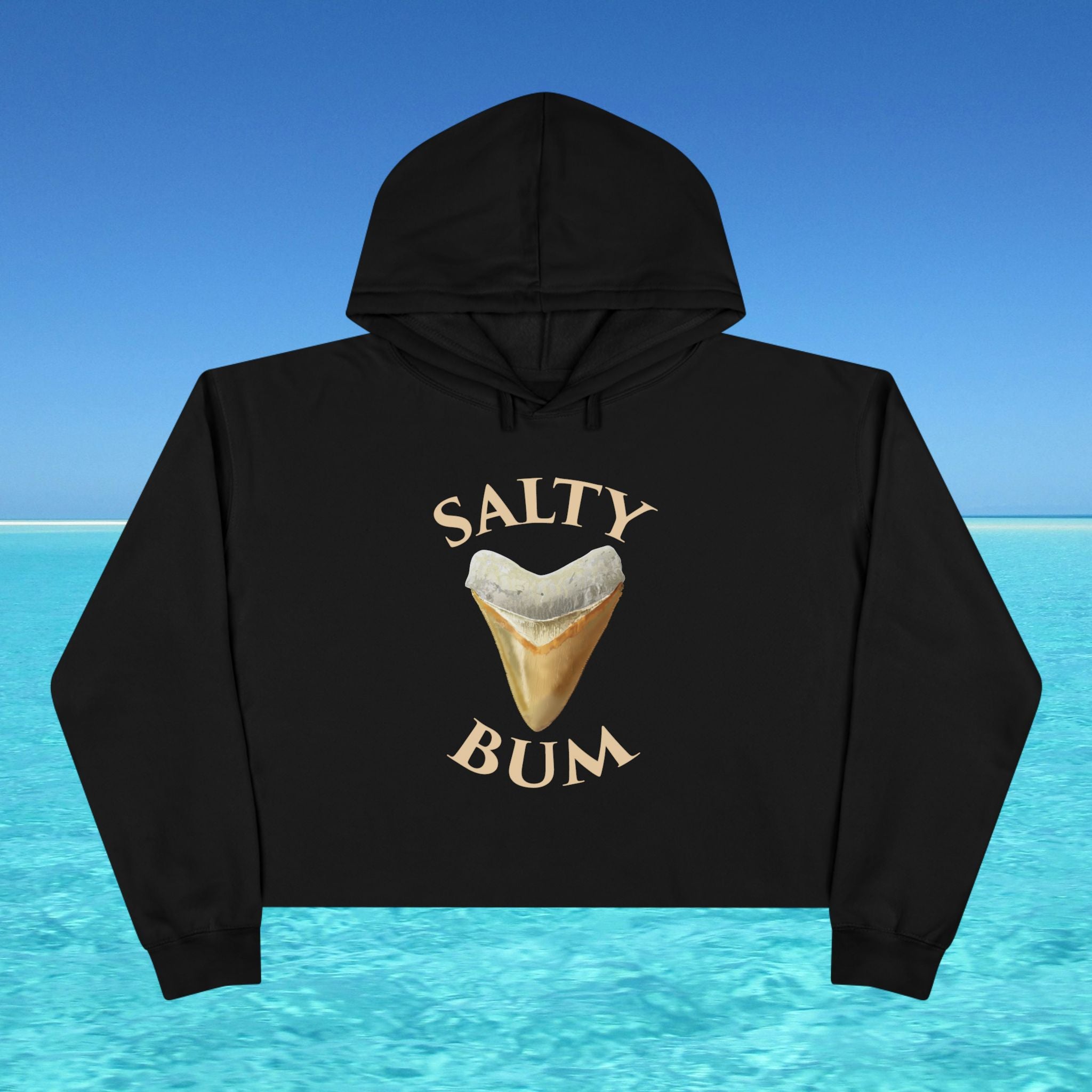 Black hoodie with 'Salty Bum' graphic on a blue water background