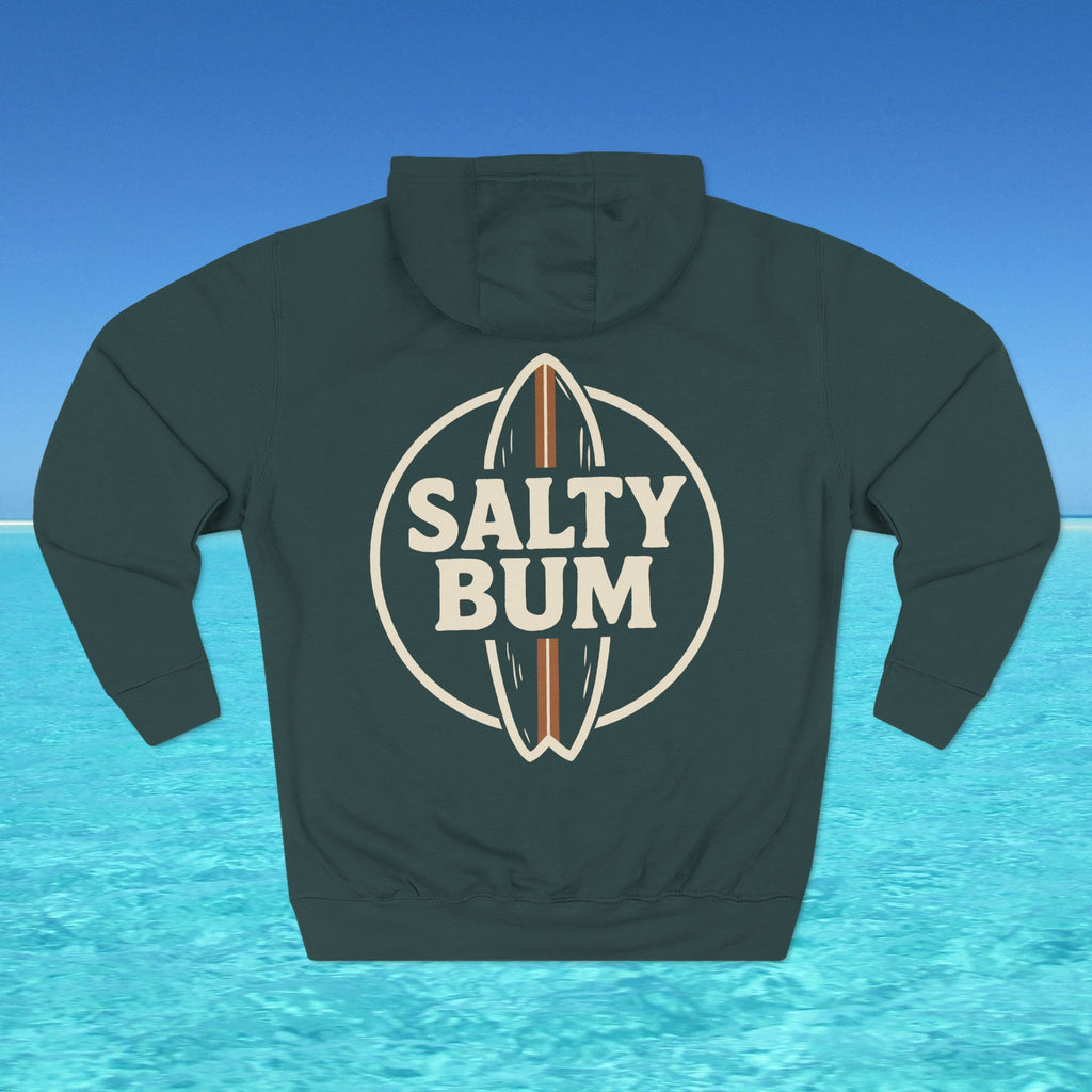Dark green hoodie with 'Salty Bum' logo on a blue water background