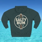 Dark green hoodie with 'Salty Bum' logo on a blue water background