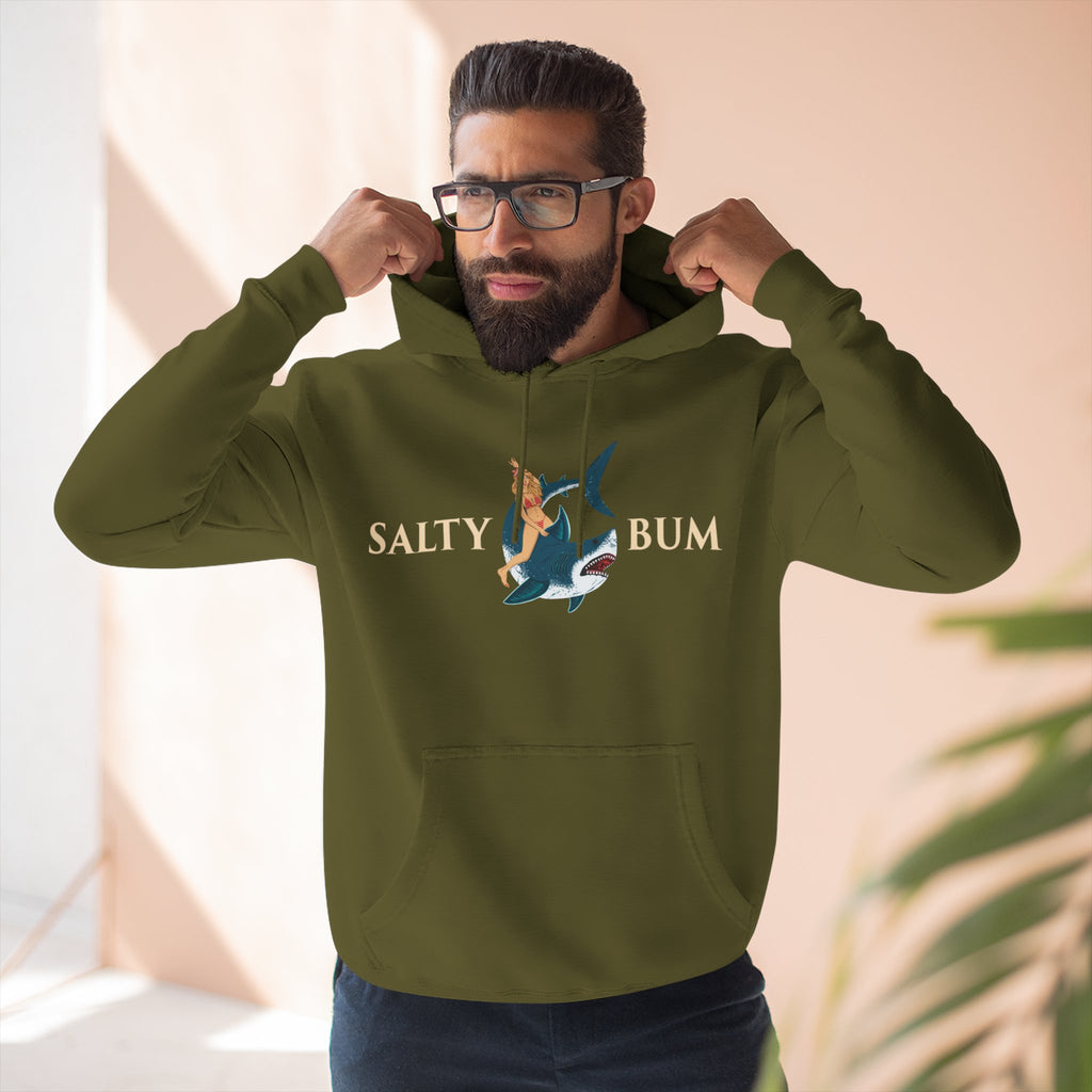Man wearing a green hoodie with 'Salty Bum' graphic design