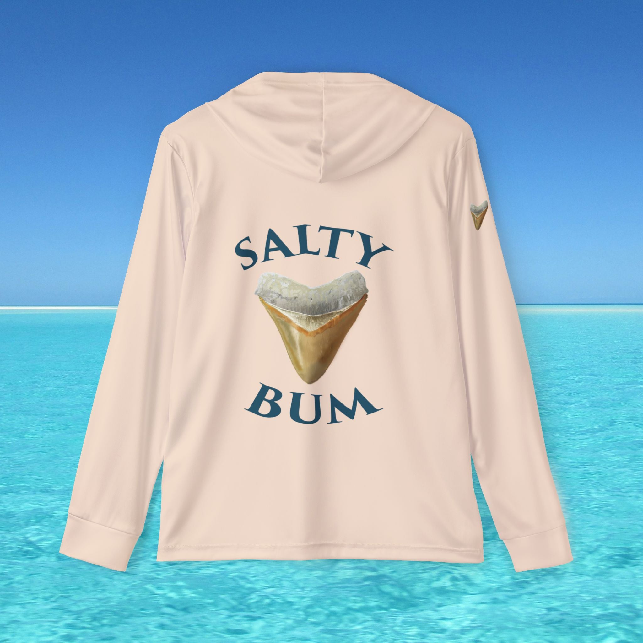 Beige hoodie with 'Salty Bum' text and graphic on a beach background