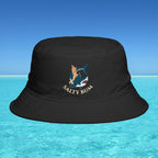 Black bucket hat with 'Salty Bum' logo on a blue water and sky background
