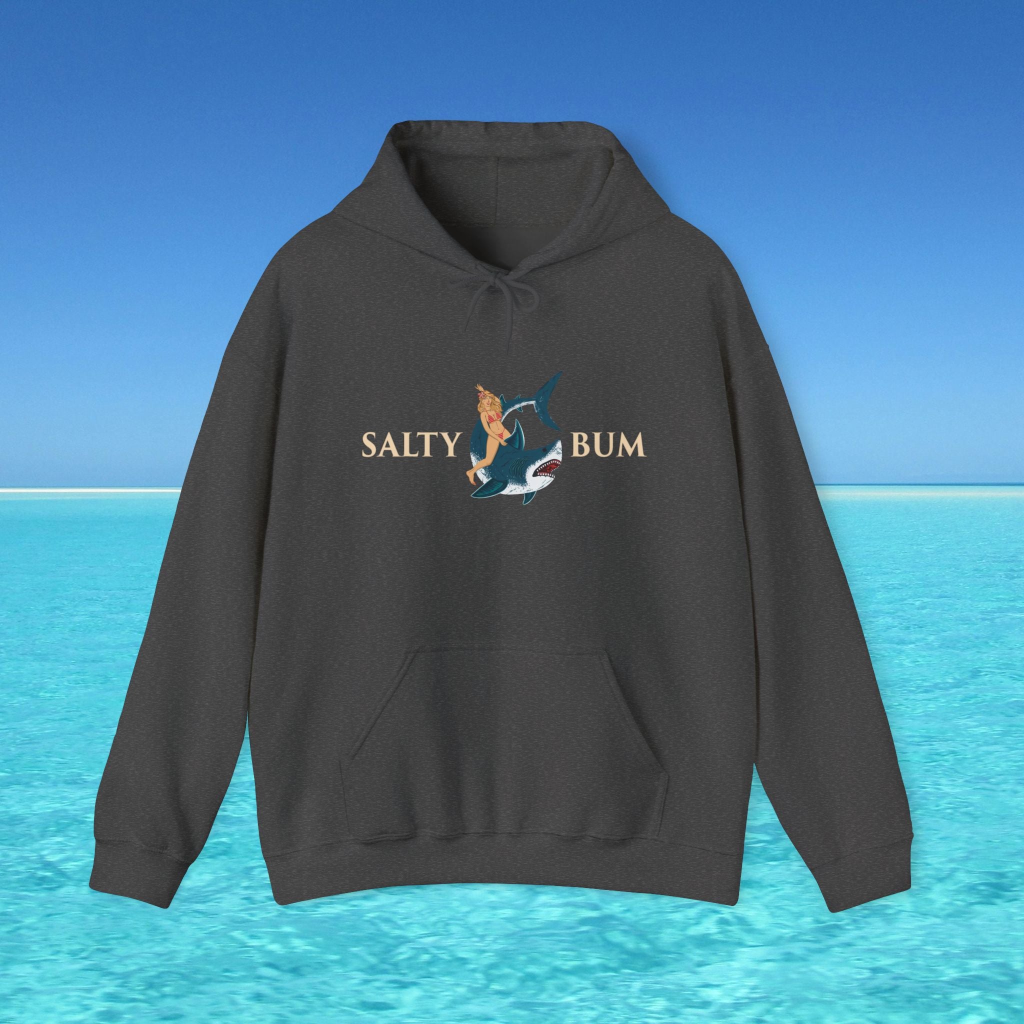 Dark gray hoodie with 'Salty Bum' logo on a blue water and sky background