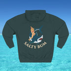 Hoodie with a graphic of a woman on a shark and 'Salty Bum' text against a blue water background