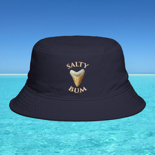 Navy bucket hat with 'Salty Bum' text and ice cream graphic on a blue water background