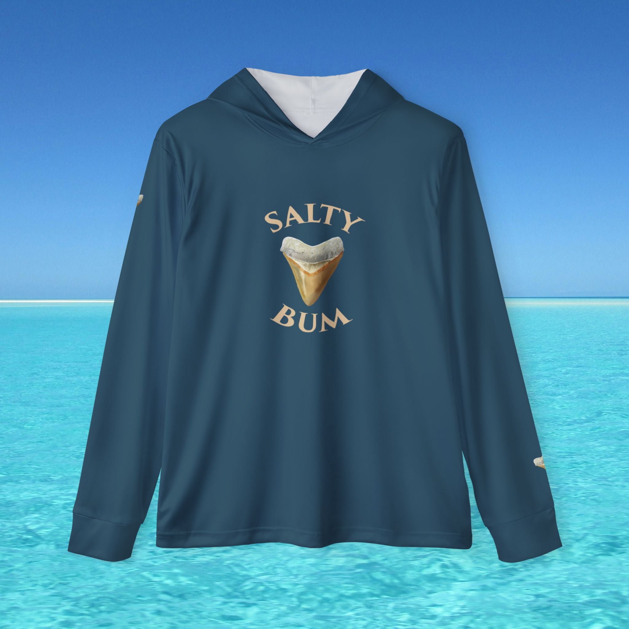Navy blue hoodie with 'Salty Bum' text and ice cream graphic on a blue ocean background