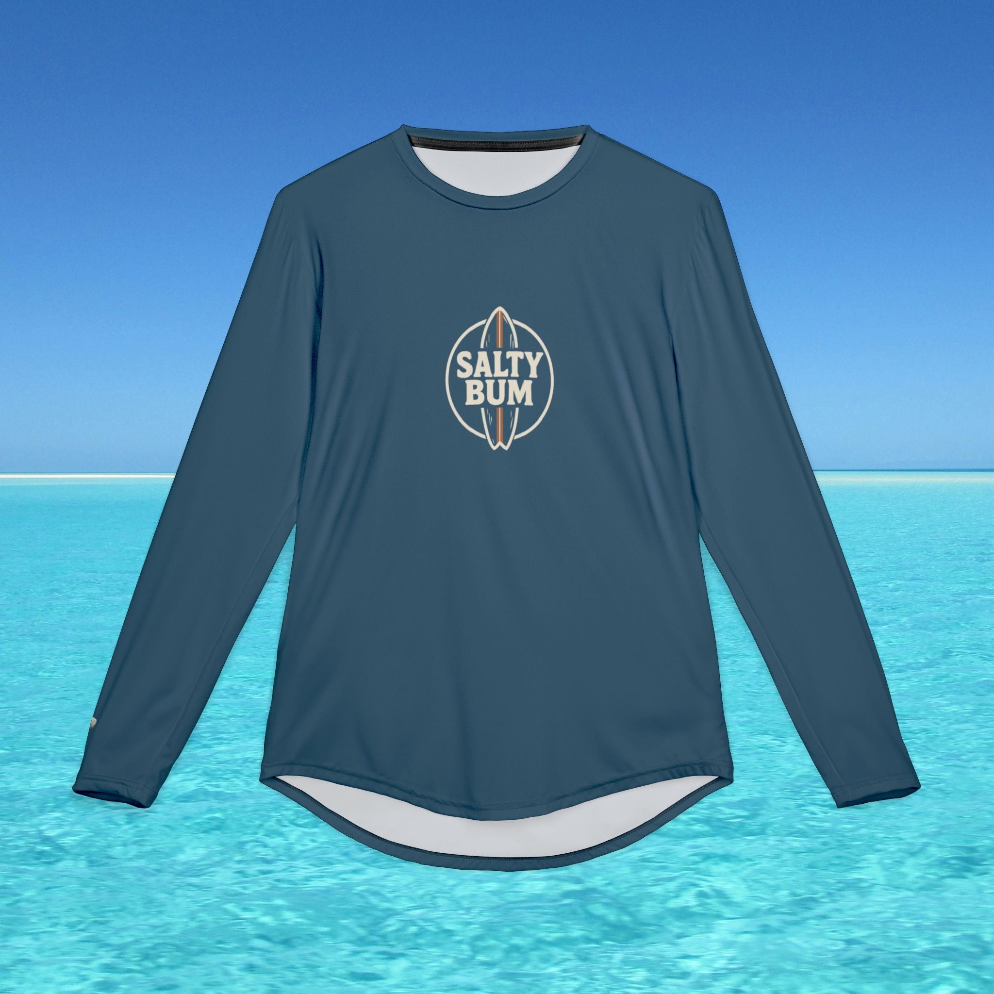 Blue long-sleeve shirt with 'Salty Bum' logo on a blue water background