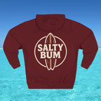 Maroon hoodie with 'Salty Bum' logo on a blue water and sky background