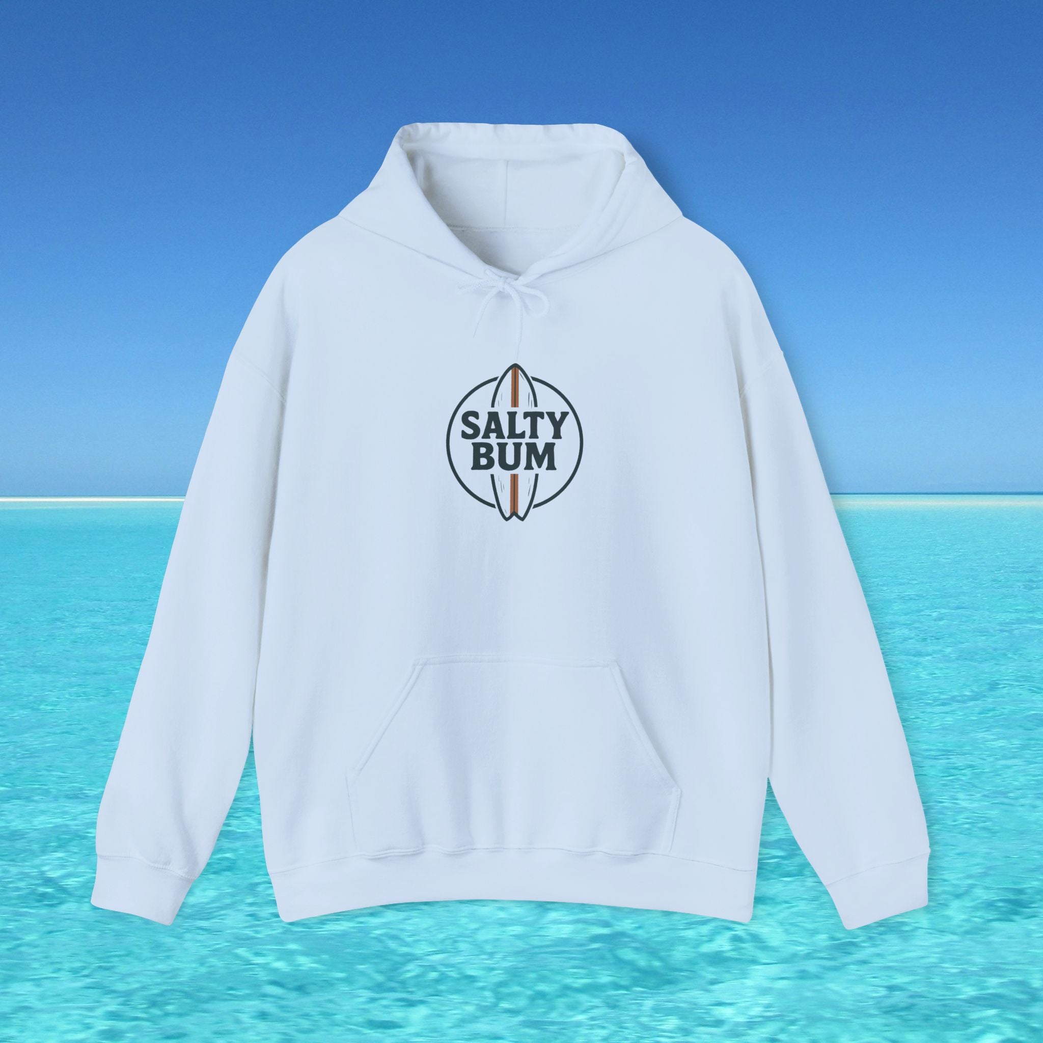 White hoodie with 'Salty Bum' logo on a blue ocean background