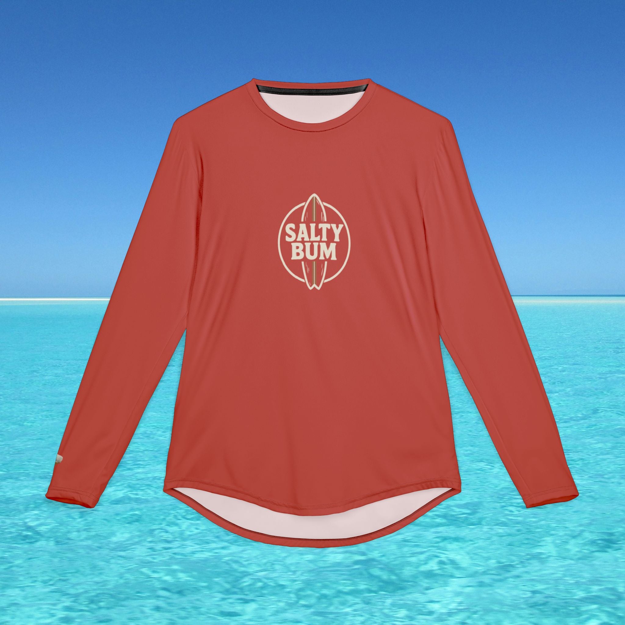 Red long-sleeve shirt with 'Salty Bum' logo on a blue water background