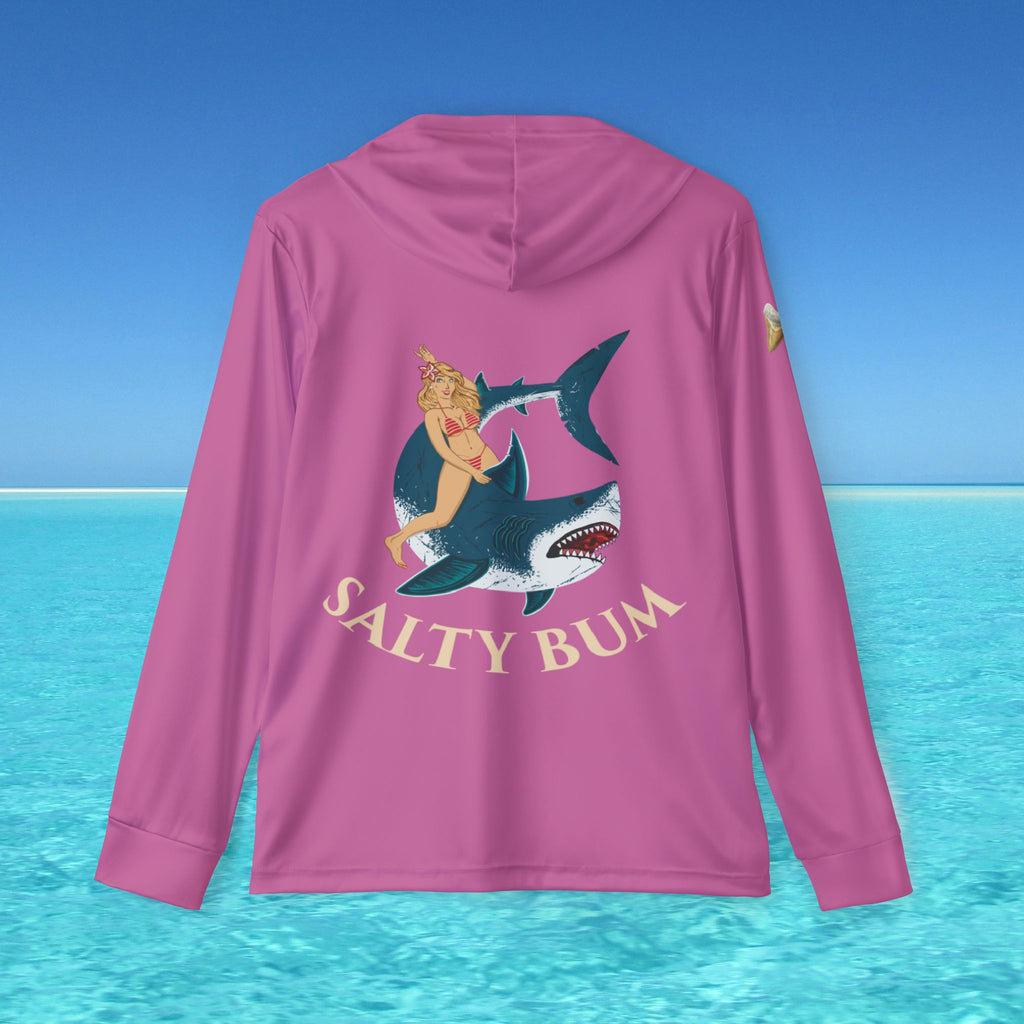 Pink hoodie with a shark and mermaid graphic and 'Salty Bum' text on a blue ocean background