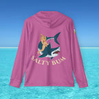 Pink hoodie with a shark and mermaid graphic and 'Salty Bum' text on a blue ocean background