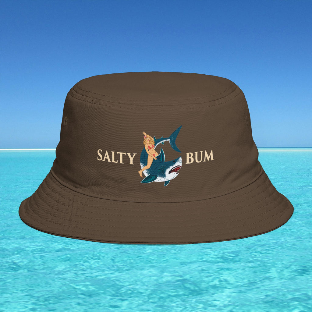 Brown bucket hat with 'Salty Bum' design on a blue water background