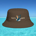 Brown bucket hat with 'Salty Bum' design on a blue water background