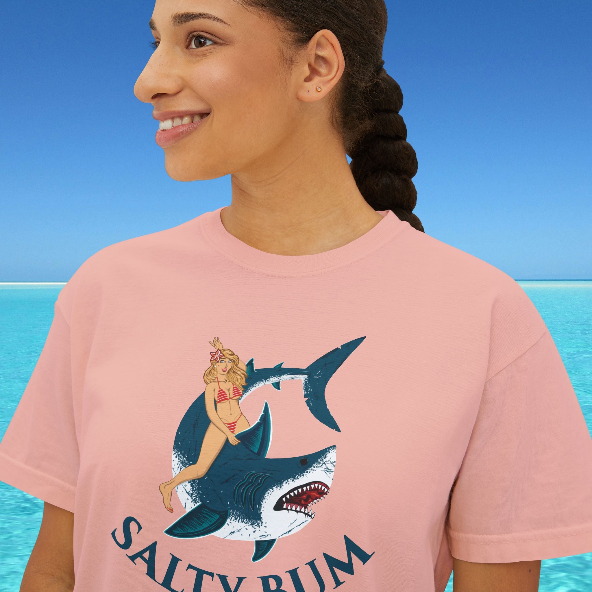 close up of womans boxy tee peach