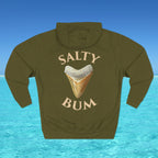 Green hoodie with 'Salty Bum' text and ice cream graphic on a blue water background
