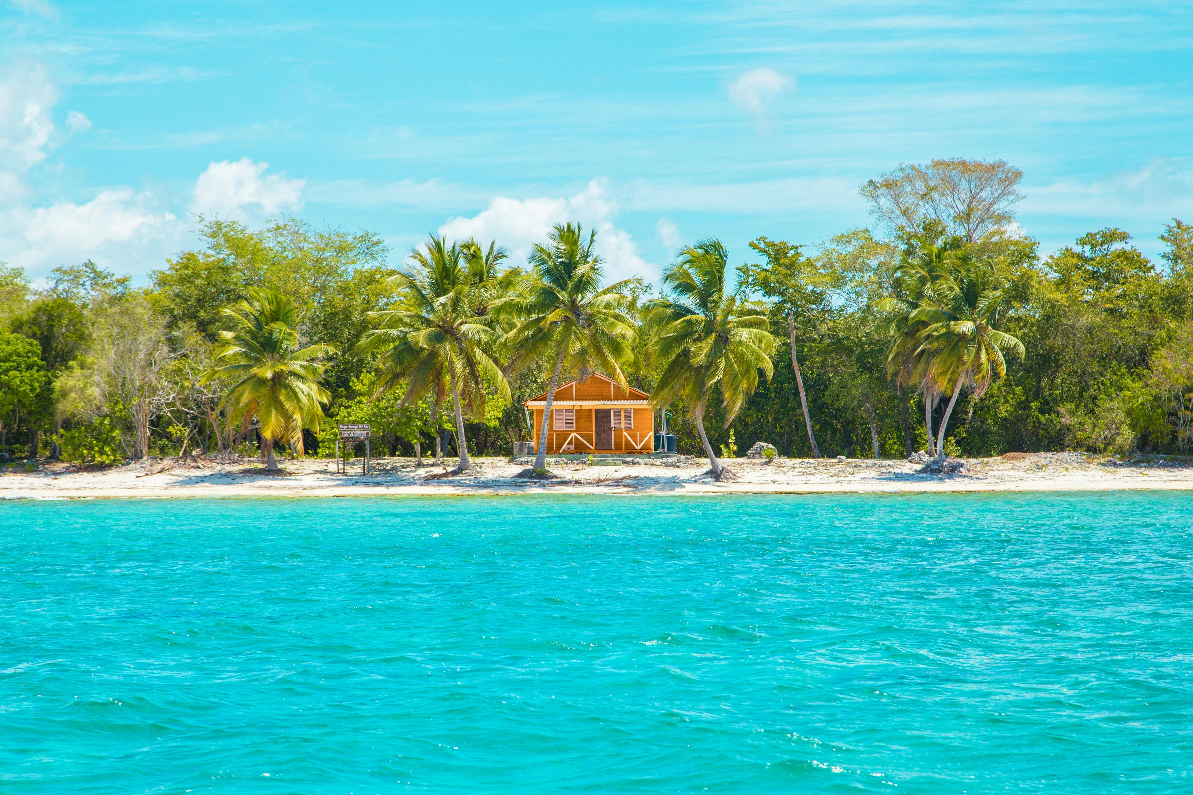 Tropical island with a wooden cabin surrounded by palm trees and crystal clear blue water.